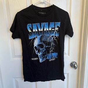 Hybrid Savage Black Tee with Blue Skull Graphic Size Small